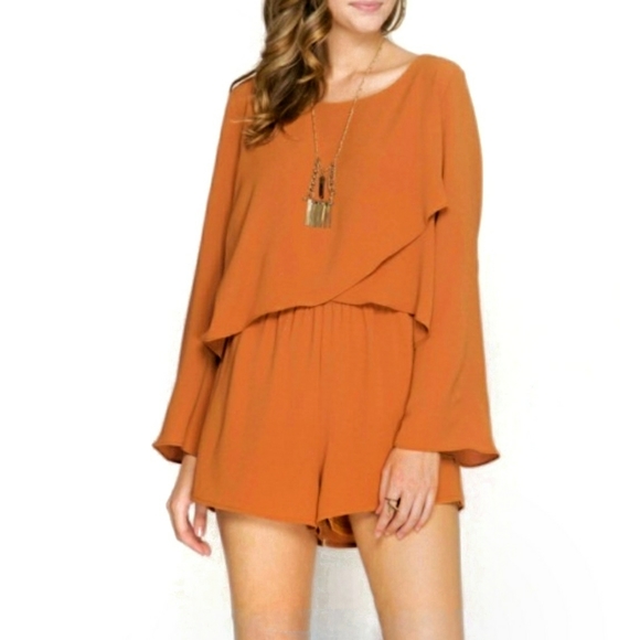 SHE + SKY Bell Flare Sleeves Burnt Orange Romper - Picture 2 of 10